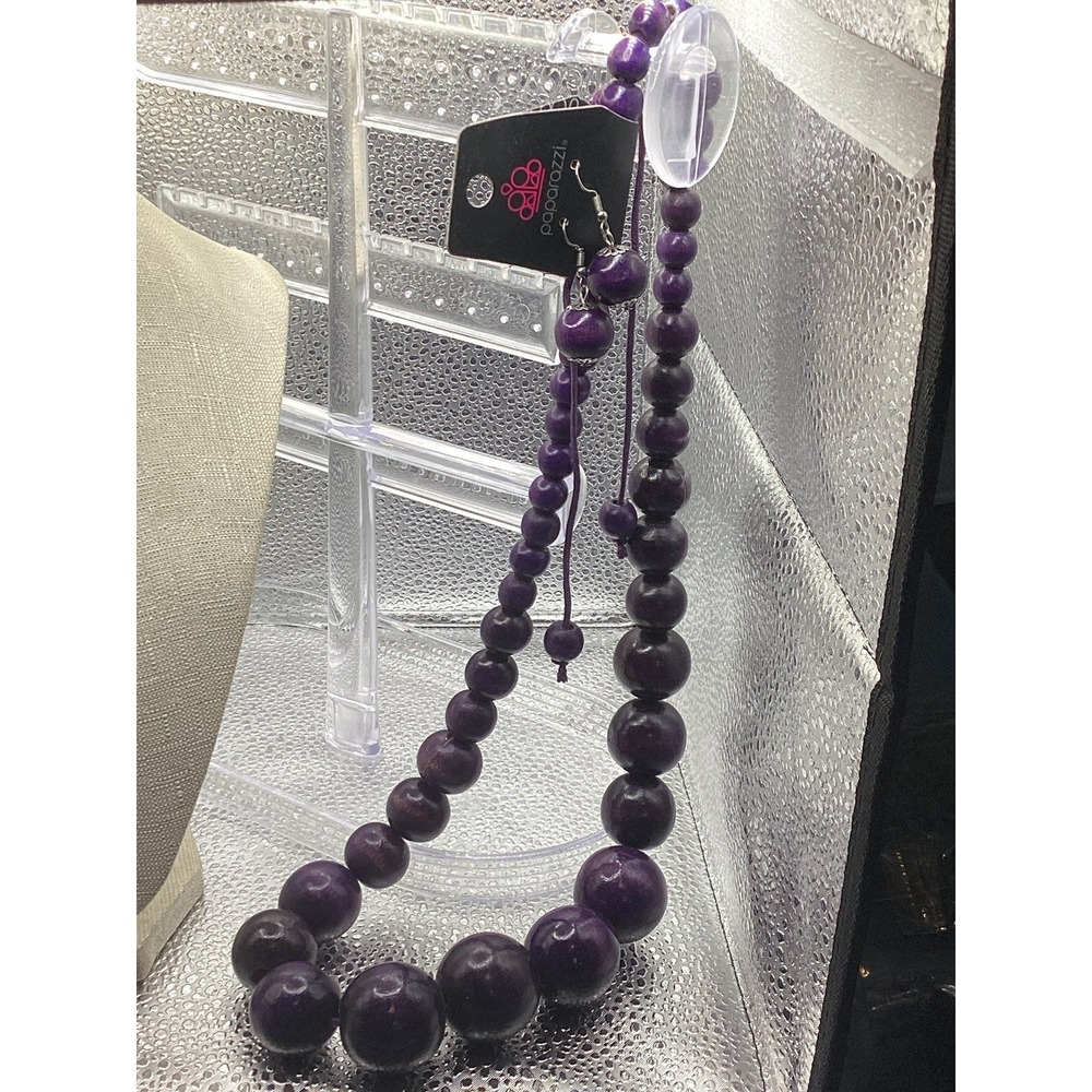 NWT Paparazzi Effortlessly Everglades Purple Wood Bead Long Necklace Earring Set
